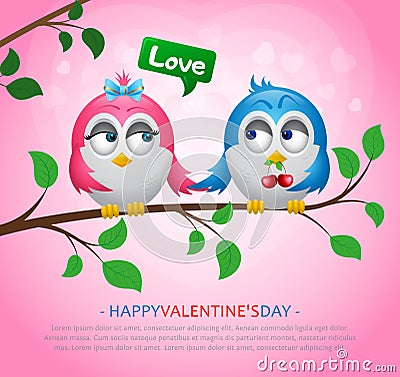 Enamored birds sit on a tree branch. a boy gives berries to a girl. Pink background with hearts. Vector Illustration